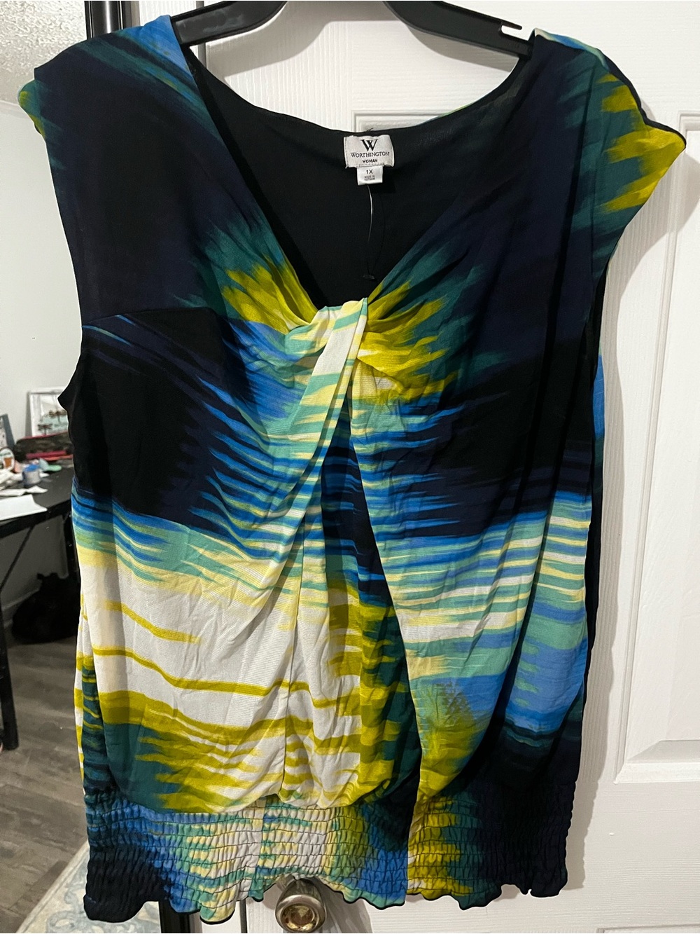Worthington Navy, Blue & Yellow Abstract Draped Sleeveless Blouse